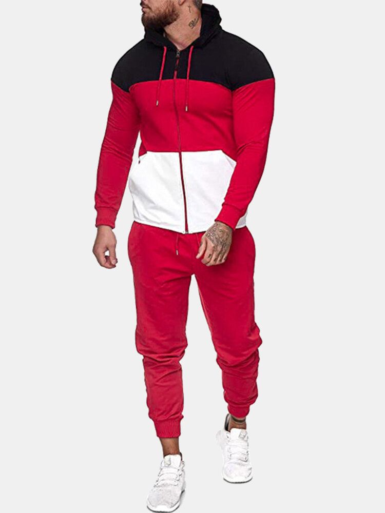 Hommes Tricolore Patchwork Sweat À Capuche Veste Cordon Jogger Pantalon Sport Deux Pièces Ensemble