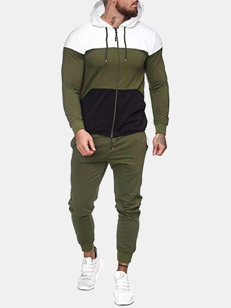 Hommes Tricolore Patchwork Sweat À Capuche Veste Cordon Jogger Pantalon Sport Deux Pièces Ensemble