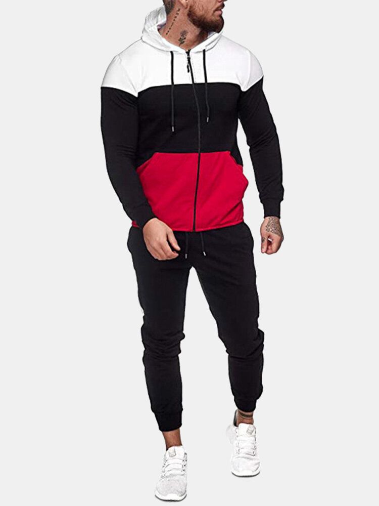 Hommes Tricolore Patchwork Sweat À Capuche Veste Cordon Jogger Pantalon Sport Deux Pièces Ensemble