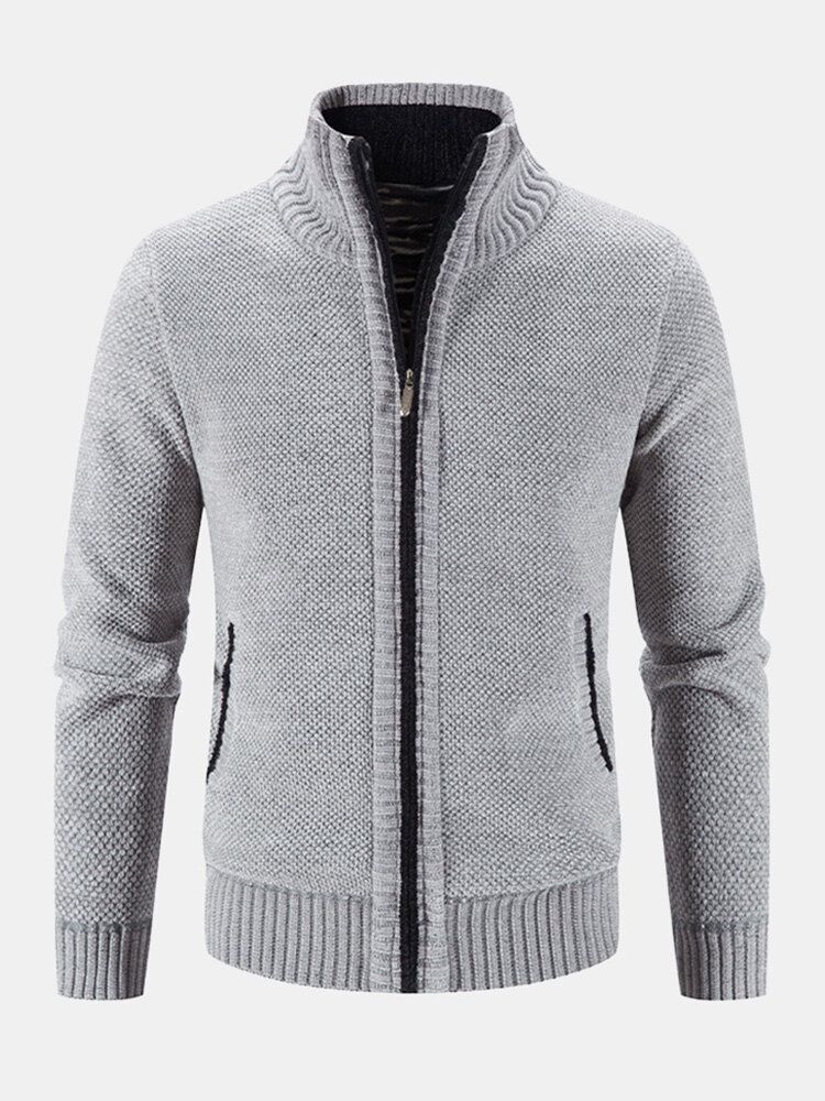 Hommes Tricoté Plus Velours Ourlet Élastique Poches Fermeture Éclair Pur Pull Solide Cardigans