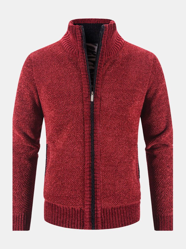 Hommes Tricoté Plus Velours Ourlet Élastique Poches Fermeture Éclair Pur Pull Solide Cardigans