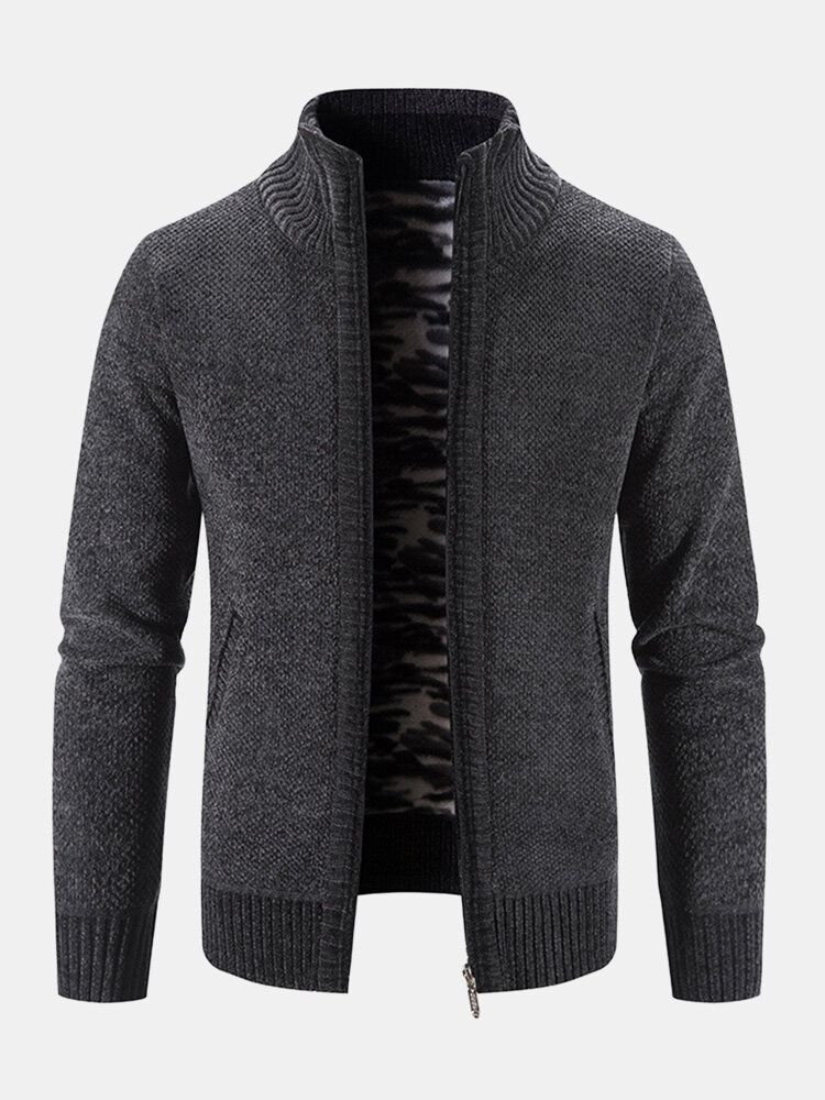 Hommes Tricoté Plus Velours Ourlet Élastique Poches Fermeture Éclair Pur Pull Solide Cardigans