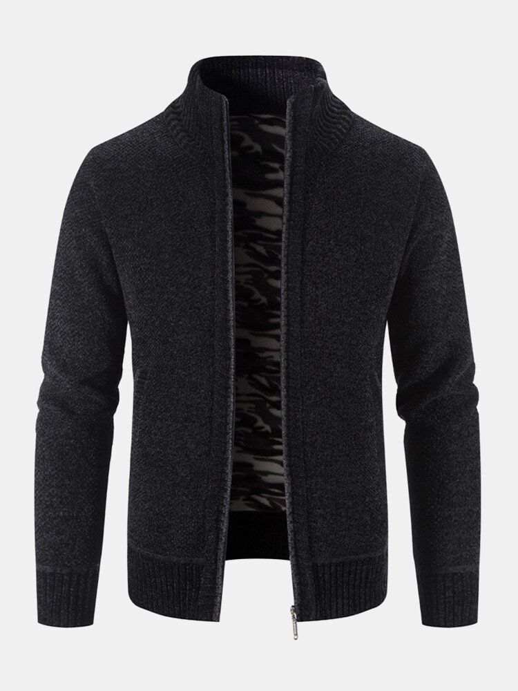 Hommes Tricoté Plus Velours Ourlet Élastique Poches Fermeture Éclair Pur Pull Solide Cardigans