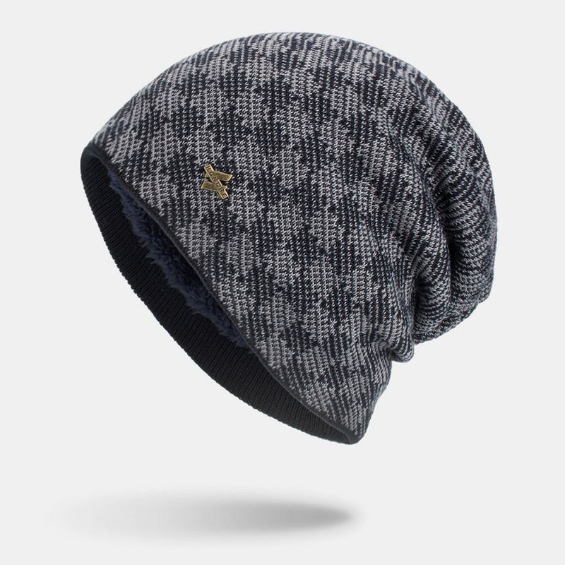 Hommes Tricoté Plus Velours Treillis Jacquard Lettre Fer Étiquette Bonnet Sans Bord