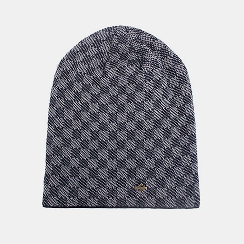 Hommes Tricoté Plus Velours Treillis Jacquard Lettre Fer Étiquette Bonnet Sans Bord