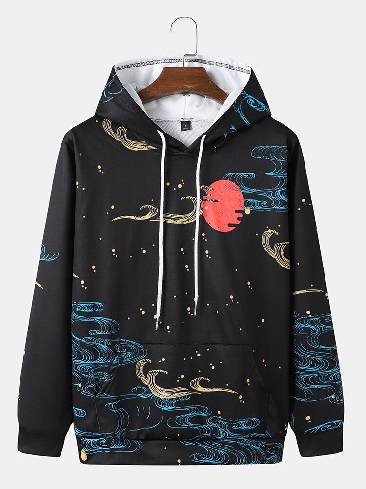 Hommes Ukiyoe Paysage Cordon Kangourou Poche Casual Sweat À Capuche