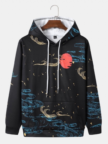 Hommes Ukiyoe Paysage Cordon Kangourou Poche Casual Sweat À Capuche