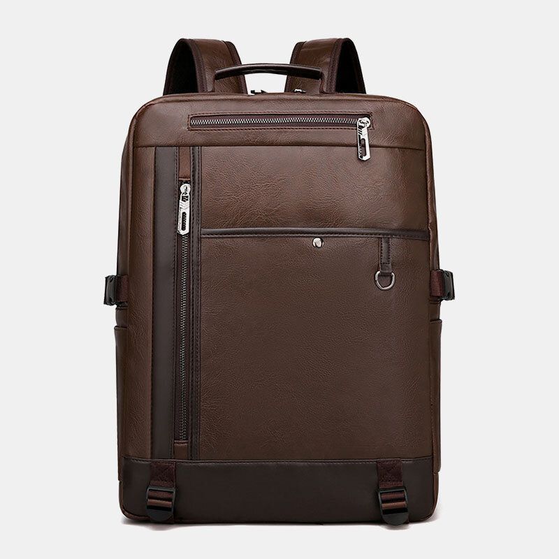 Hommes Usb Charge Multi-poches Pu Sac À Dos En Cuir Mode Casual Grande Capacité 15.6 Pouces Sac Pour Ordinateur Portable