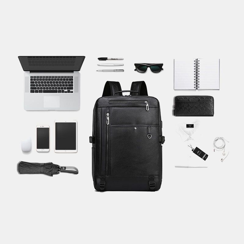 Hommes Usb Charge Multi-poches Pu Sac À Dos En Cuir Mode Casual Grande Capacité 15.6 Pouces Sac Pour Ordinateur Portable