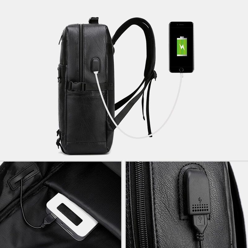 Hommes Usb Charge Multi-poches Pu Sac À Dos En Cuir Mode Casual Grande Capacité 15.6 Pouces Sac Pour Ordinateur Portable