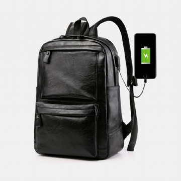 Hommes Usb Recharge Faux Cuir Affaires Rétro Grande Capacité Étanche 15.6 Pouces Sac Pour Ordinateur Portable Sac À Dos