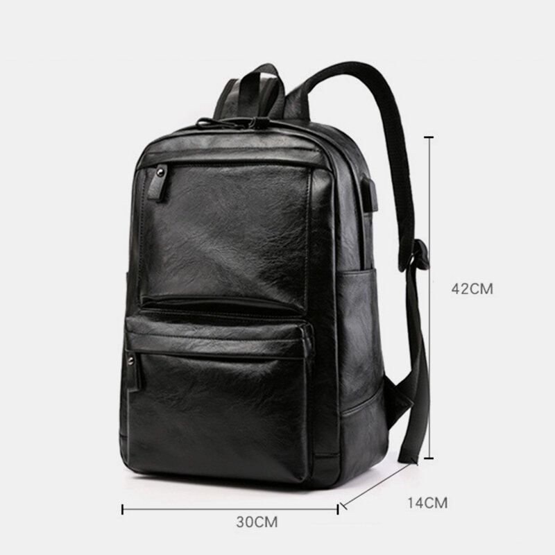 Hommes Usb Recharge Faux Cuir Affaires Rétro Grande Capacité Étanche 15.6 Pouces Sac Pour Ordinateur Portable Sac À Dos