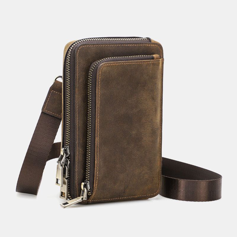 Hommes Vintage En Cuir Véritable Zip Côté Bretelles Convertibles Sac À Bandoulière Grande Capacité Ceinture Sac Taille Sac