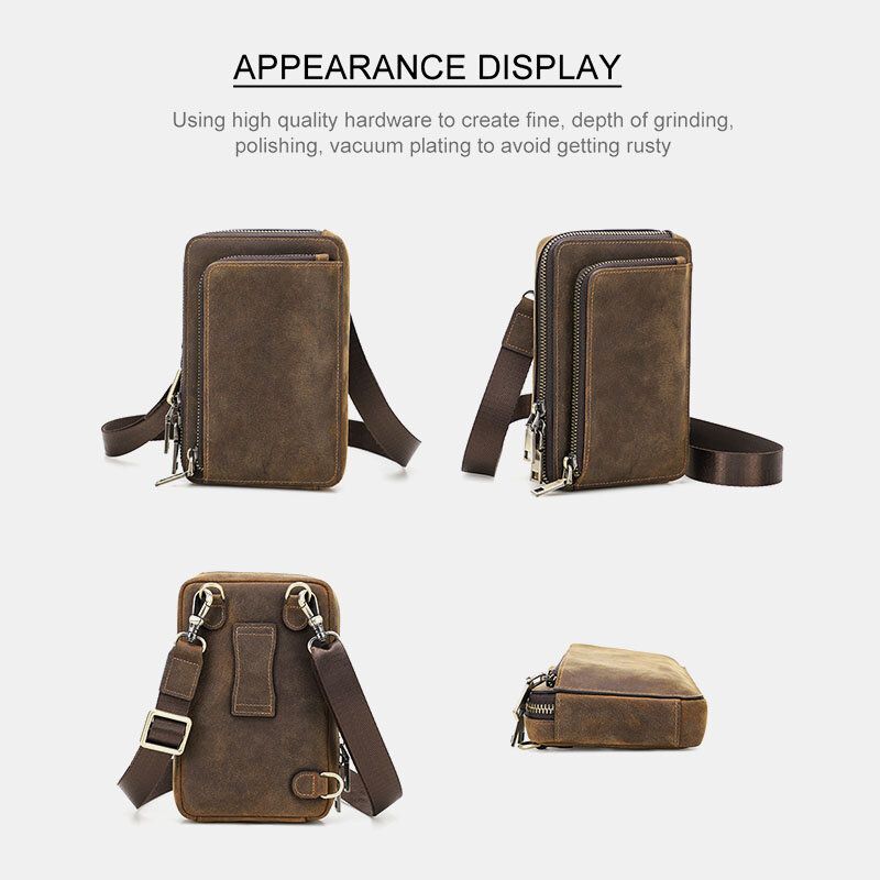 Hommes Vintage En Cuir Véritable Zip Côté Bretelles Convertibles Sac À Bandoulière Grande Capacité Ceinture Sac Taille Sac