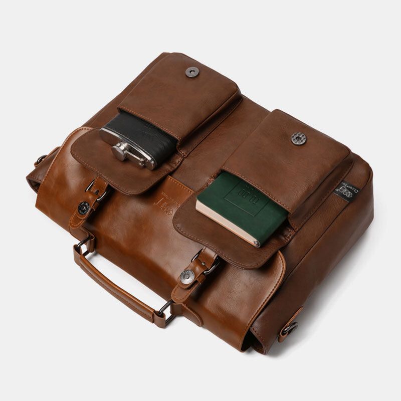 Hommes Vintage Multifonction Double Poche Avant Professeur Sac Porte-documents 14 Pouces Ordinateur Portable Sac Bandoulière Sac À Bandoulière