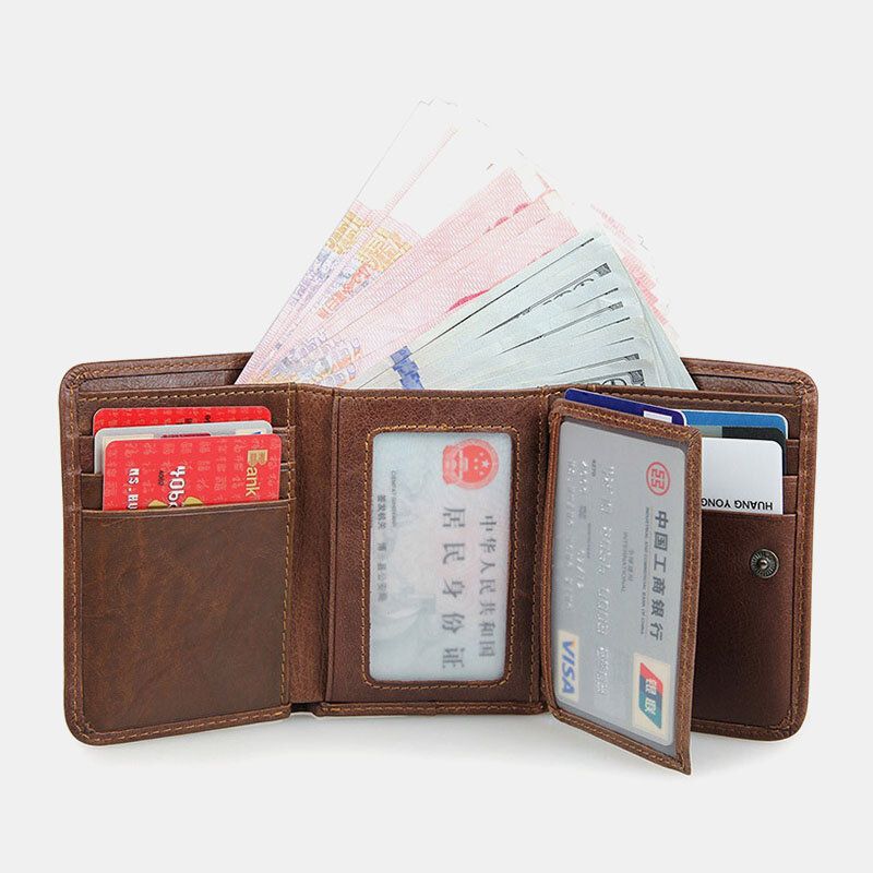 Hommes Vintage Rfid Anti-magnétique Portefeuille En Cuir De Vachette À Trois Volets Courts Multi-cartes Fentes Porte-cartes Permis De Conduire Portefeuille