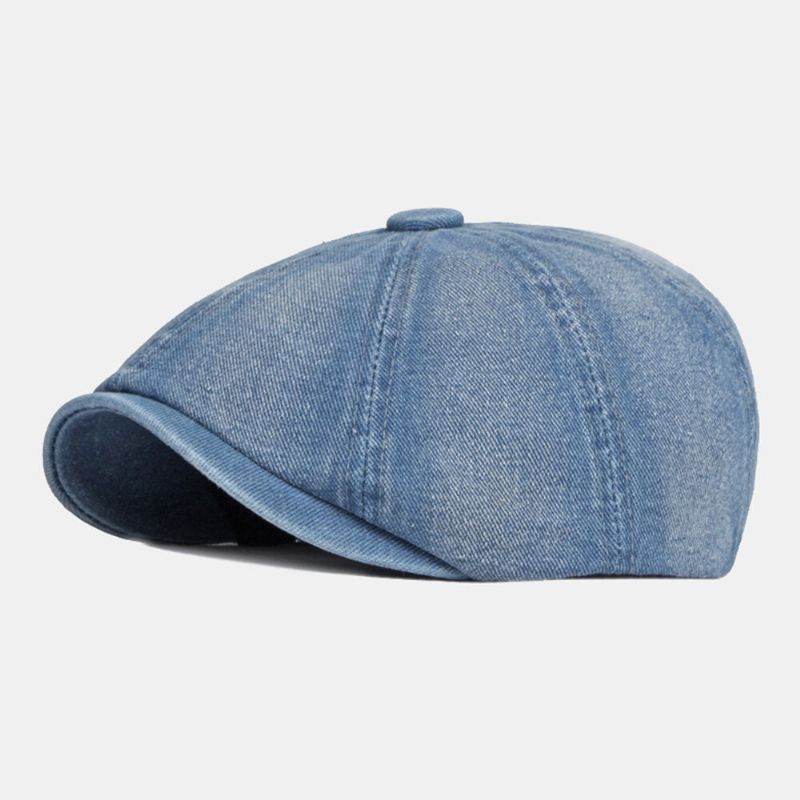 Hommes Washed Denim Back Elastic Band Design Chapeau Octogonal Ajustable British Retro Short Brim Newsboy Hat Flat Hat Painter Hat