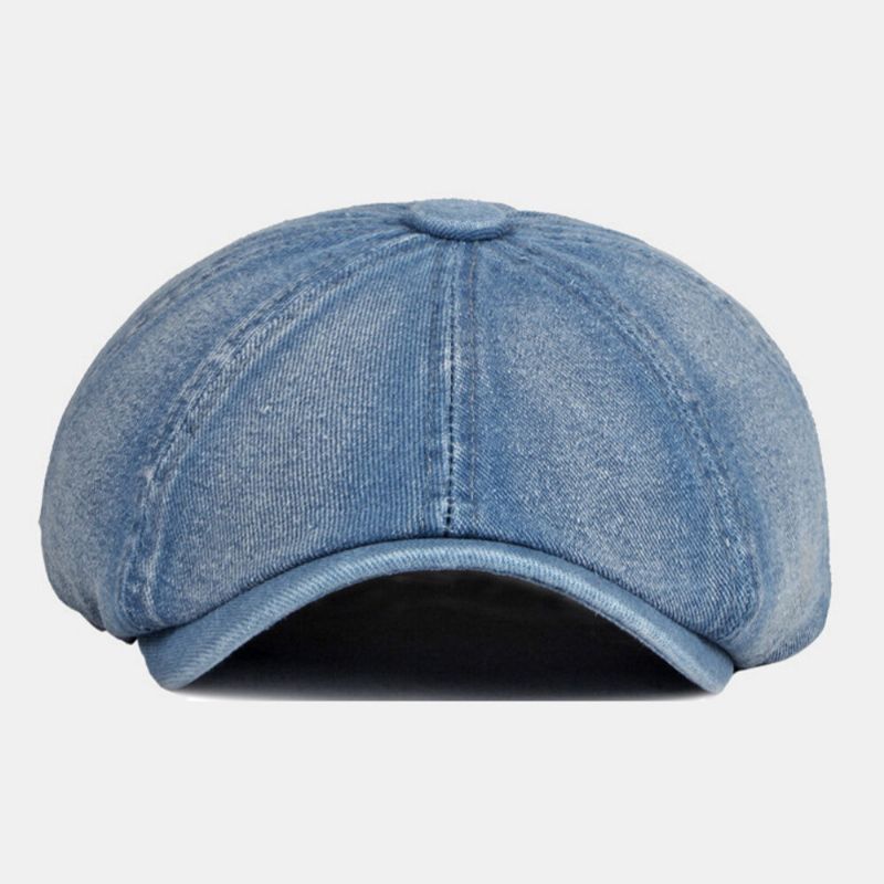 Hommes Washed Denim Back Elastic Band Design Chapeau Octogonal Ajustable British Retro Short Brim Newsboy Hat Flat Hat Painter Hat