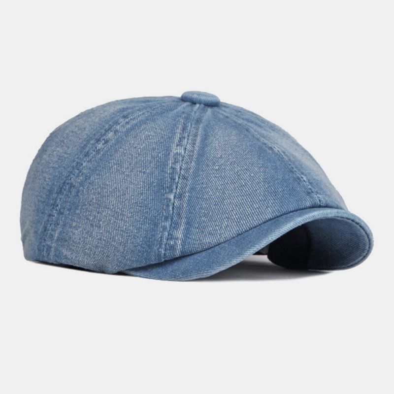 Hommes Washed Denim Back Elastic Band Design Chapeau Octogonal Ajustable British Retro Short Brim Newsboy Hat Flat Hat Painter Hat