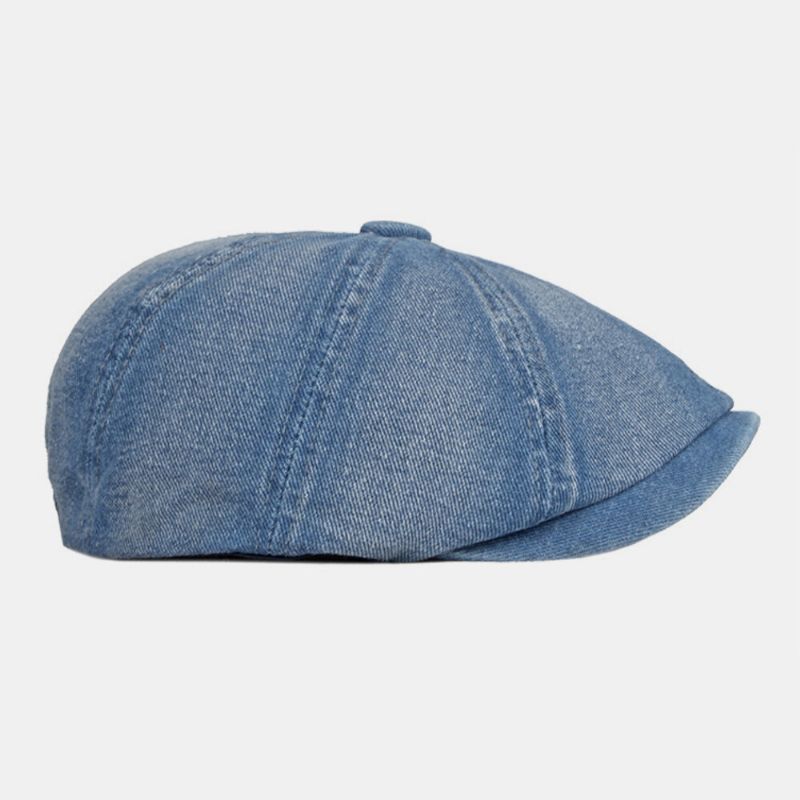 Hommes Washed Denim Back Elastic Band Design Chapeau Octogonal Ajustable British Retro Short Brim Newsboy Hat Flat Hat Painter Hat