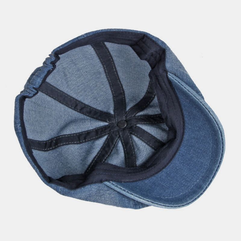 Hommes Washed Denim Back Elastic Band Design Chapeau Octogonal Ajustable British Retro Short Brim Newsboy Hat Flat Hat Painter Hat