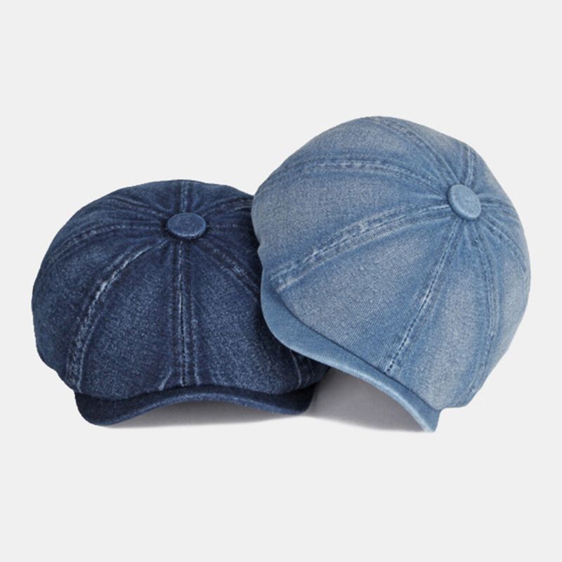 Hommes Washed Denim Back Elastic Band Design Chapeau Octogonal Ajustable British Retro Short Brim Newsboy Hat Flat Hat Painter Hat