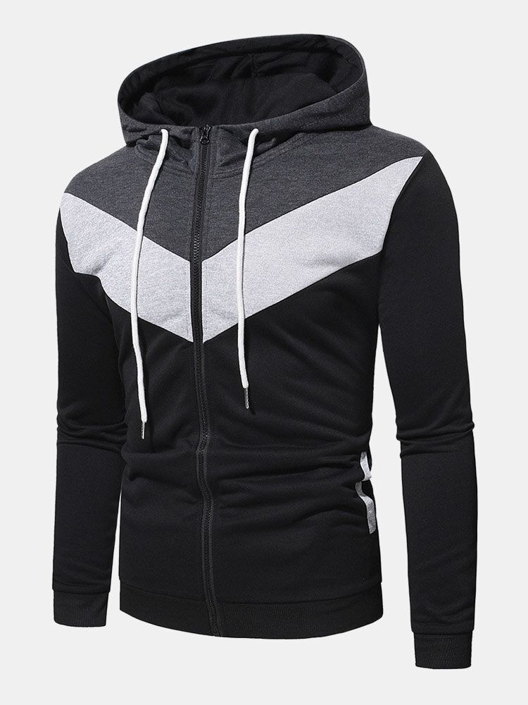 Hommes Zip Hoodies Patchwork Color Block Poches Sweat À Capuche