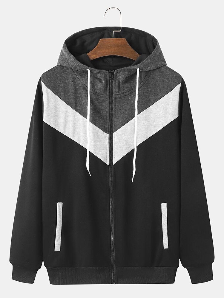 Hommes Zip Hoodies Patchwork Color Block Poches Sweat À Capuche