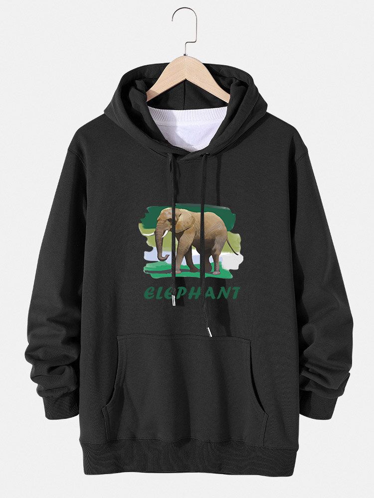 Hoodies À Cordon De Serrage En Coton Avec Lettre Éléphant Pour Hommes Avec Poche Kangourou