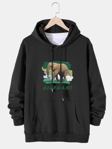 Hoodies À Cordon De Serrage En Coton Avec Lettre Éléphant Pour Hommes Avec Poche Kangourou