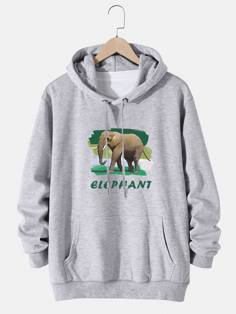 Hoodies À Cordon De Serrage En Coton Avec Lettre Éléphant Pour Hommes Avec Poche Kangourou