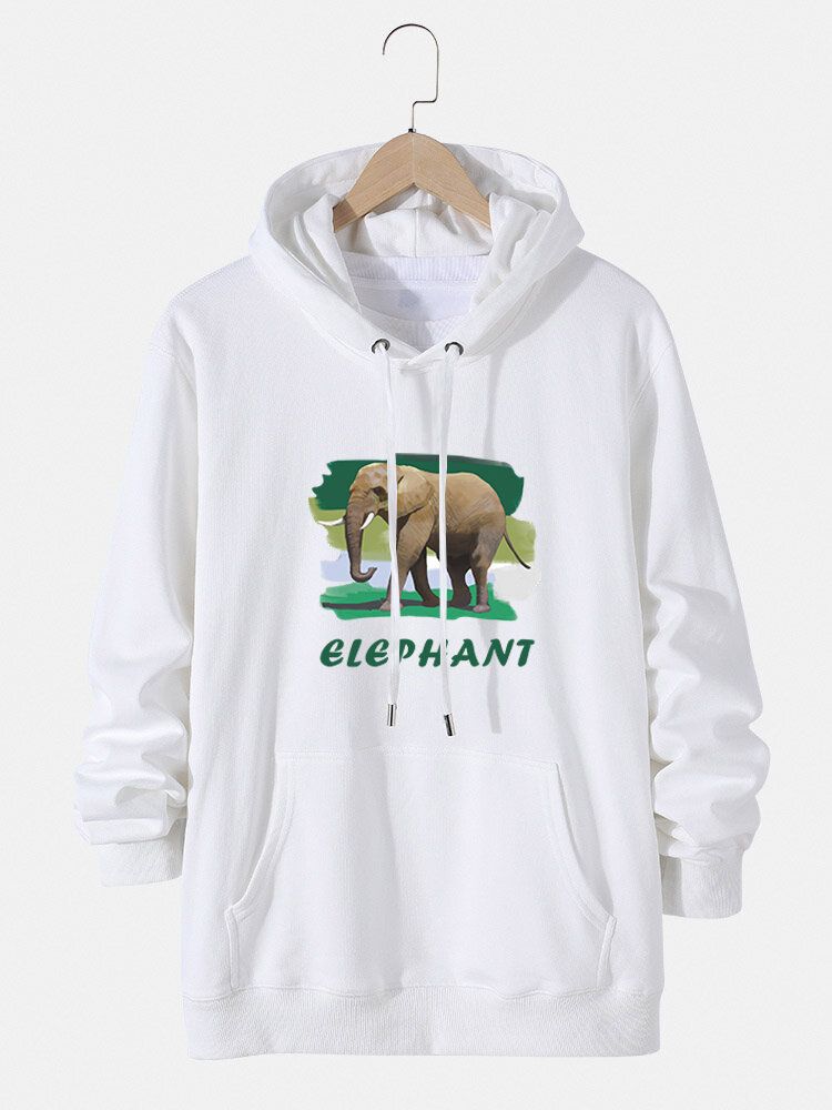 Hoodies À Cordon De Serrage En Coton Avec Lettre Éléphant Pour Hommes Avec Poche Kangourou