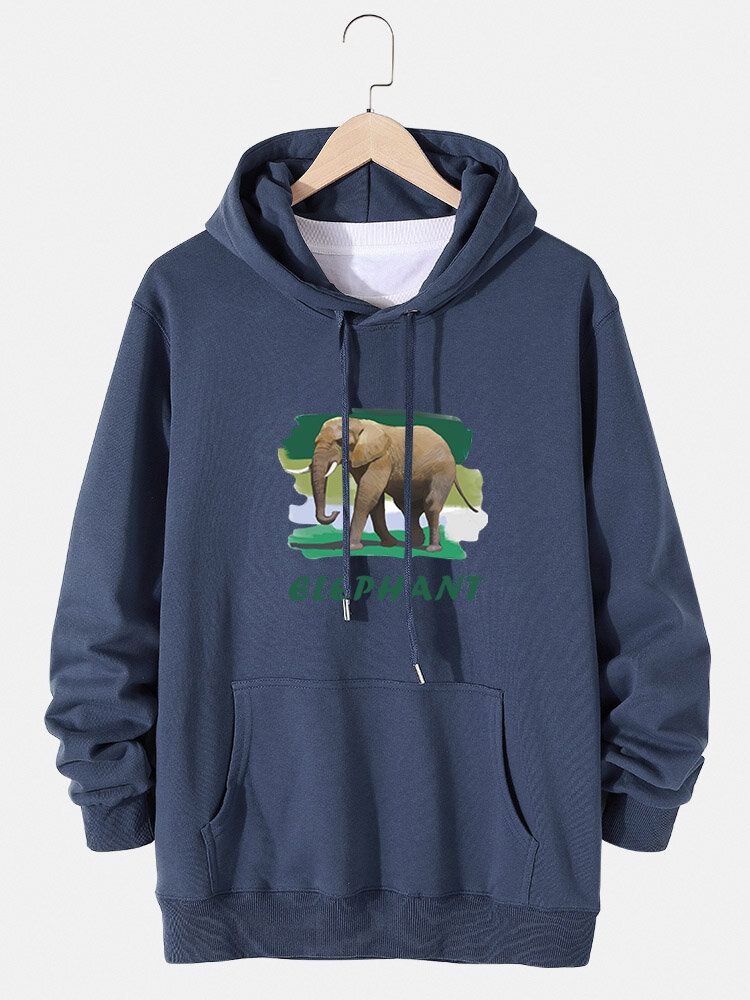 Hoodies À Cordon De Serrage En Coton Avec Lettre Éléphant Pour Hommes Avec Poche Kangourou