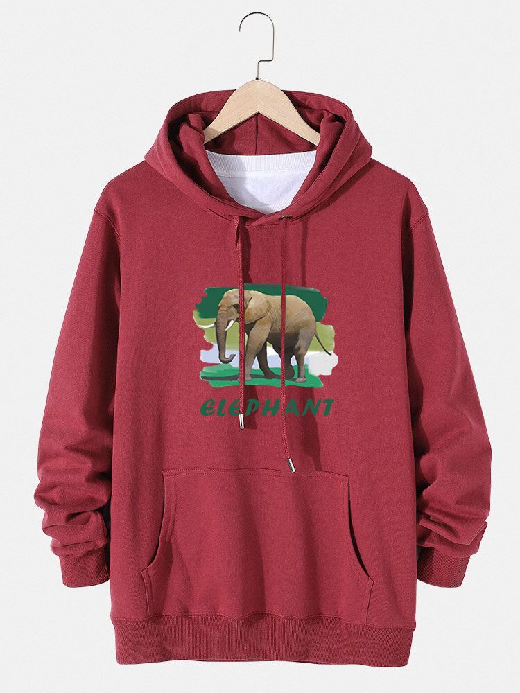 Hoodies À Cordon De Serrage En Coton Avec Lettre Éléphant Pour Hommes Avec Poche Kangourou