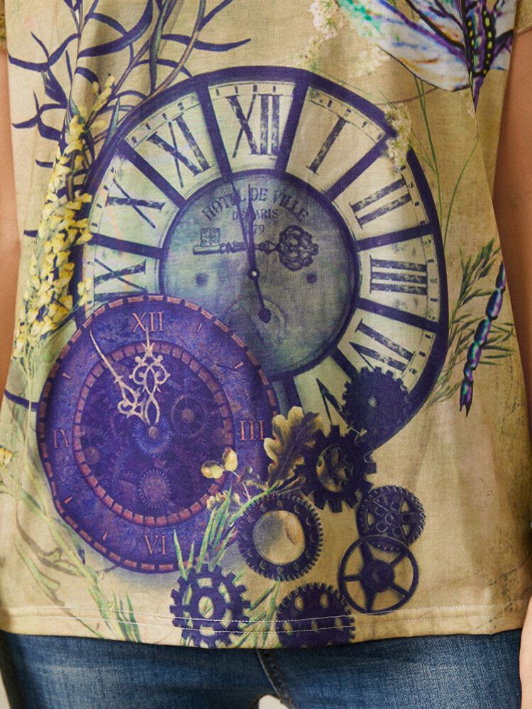 Horloge Libellule Imprimé À Manches Courtes O-cou Casual Vintage T-shirt Pour Les Femmes