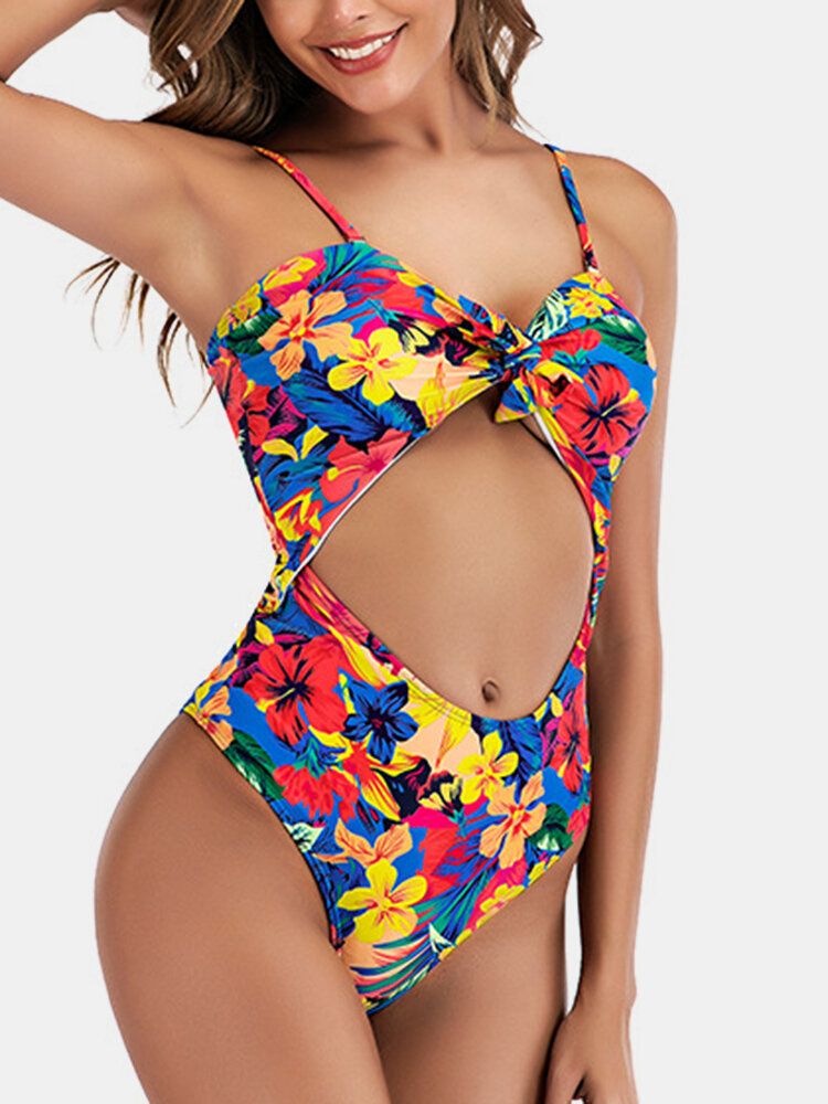 Imprimé Floral Découpé Noué Une Pièce Style Hawaïen Femmes Plage Maillots De Bain