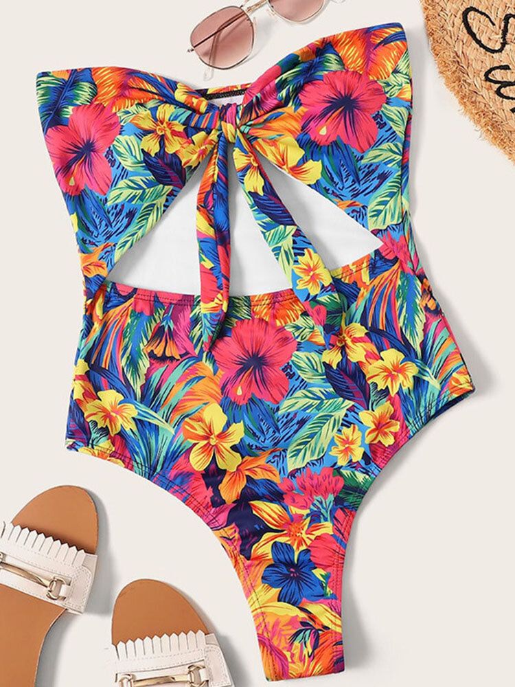 Imprimé Floral Découpé Noué Une Pièce Style Hawaïen Femmes Plage Maillots De Bain