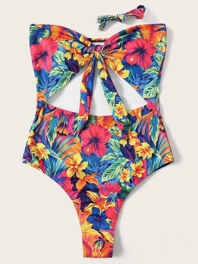 Imprimé Floral Découpé Noué Une Pièce Style Hawaïen Femmes Plage Maillots De Bain