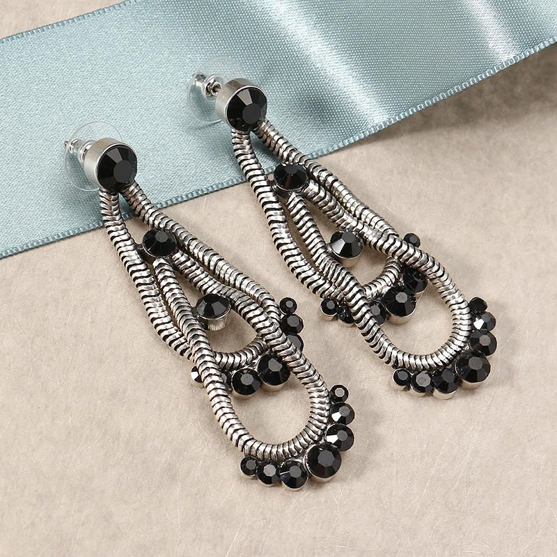 Jassy® Steampunk Boucles D'oreilles Femme Rétro Antique Argent Plaqué Noir Gemme Double Couche Boucle D'oreille