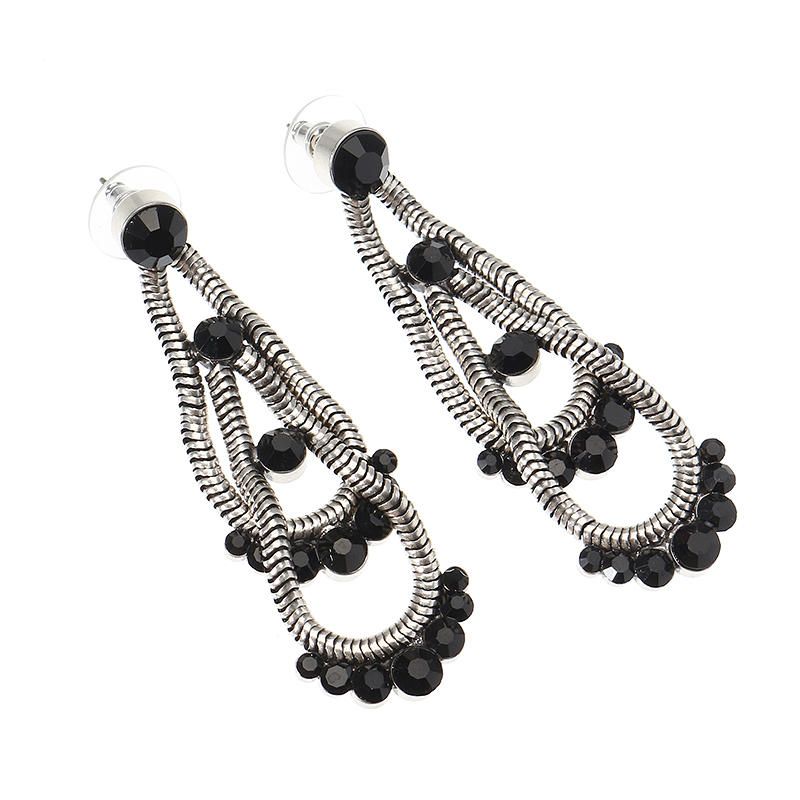 Jassy® Steampunk Boucles D'oreilles Femme Rétro Antique Argent Plaqué Noir Gemme Double Couche Boucle D'oreille