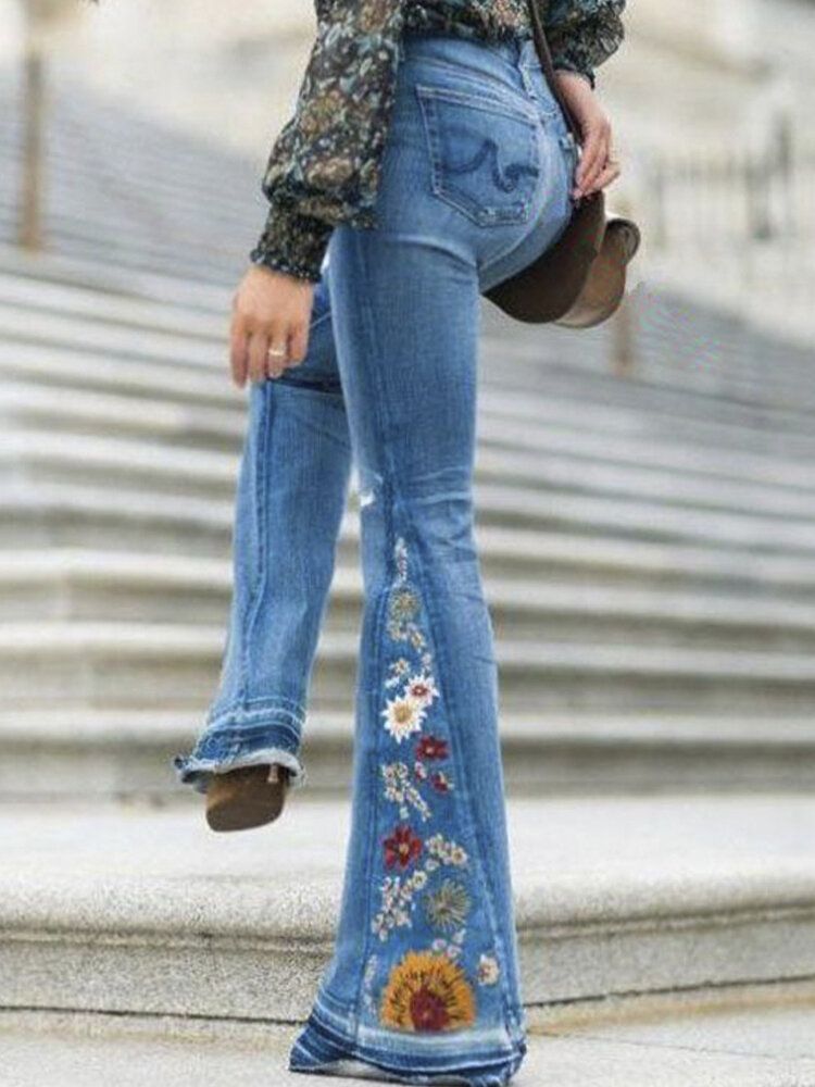 Jeans Décontractés Élégants Avec Broderies Florales Pour Femmes Avec Poches