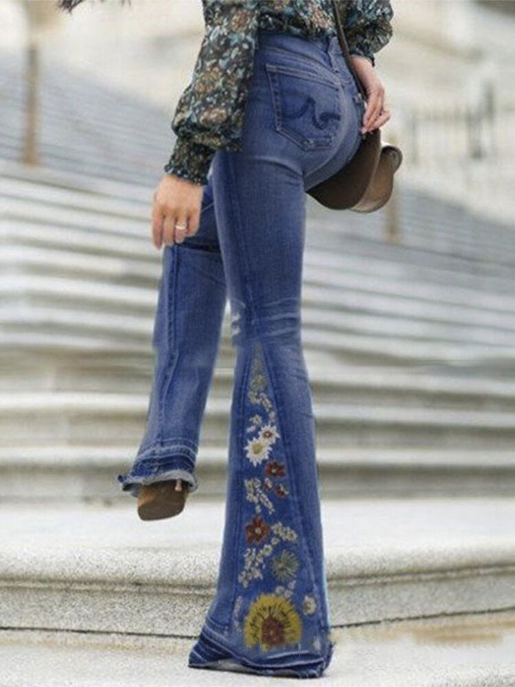 Jeans Décontractés Élégants Avec Broderies Florales Pour Femmes Avec Poches