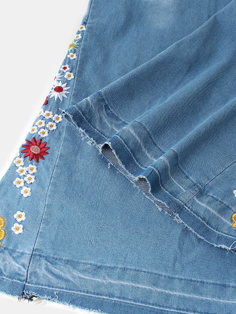 Jeans Décontractés Élégants Avec Broderies Florales Pour Femmes Avec Poches