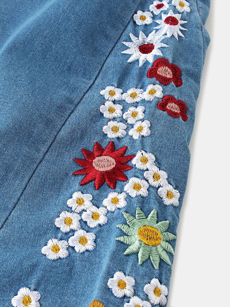 Jeans Décontractés Élégants Avec Broderies Florales Pour Femmes Avec Poches