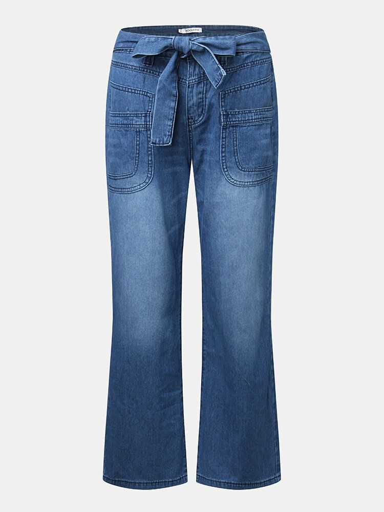 Jeans Décontractés Pour Femmes Avec Braguette À Glissière Et Taille Moyenne À Jambe Large Avec Poche