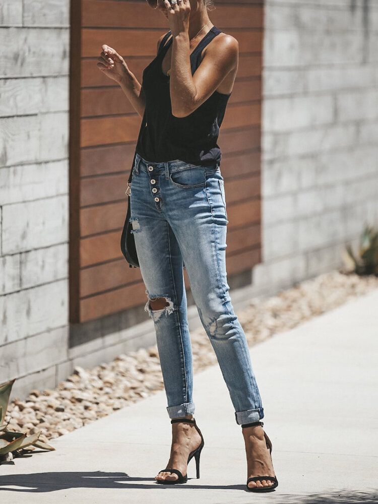 Jeans Décontractés Quotidiens Pour Femmes Avec Bouton De Loisirs