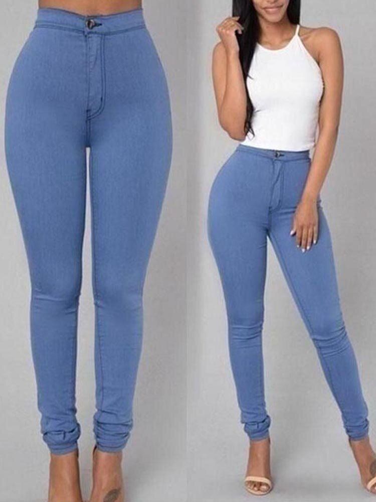 Jeans Longs En Denim Skinny Décontractés À Taille Haute