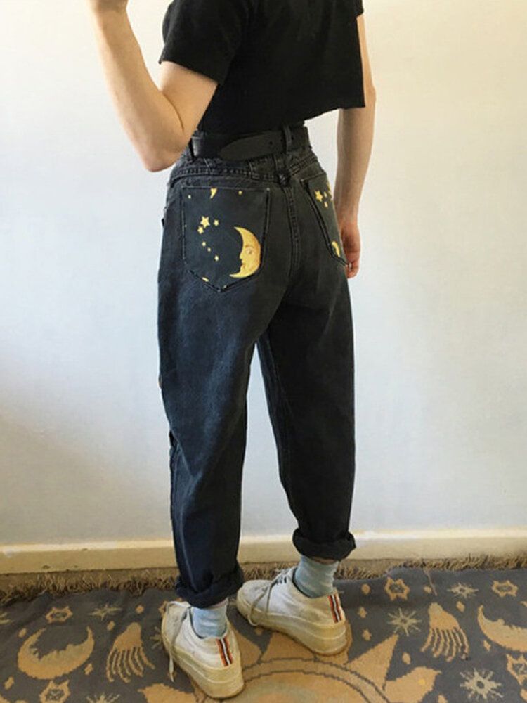 Jeans Taille Haute Imprimé Disque Soleil Lune Pour Femmes