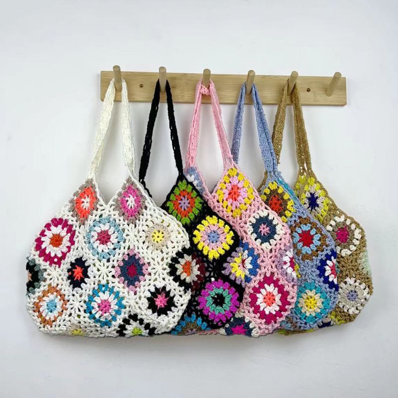 Joseko Femmes Crochet Fait Main Ethnique Casual Sac À Main Mixte Motif Floral Multifonctionnel Sac À Bandoulière Sac Fourre-tout