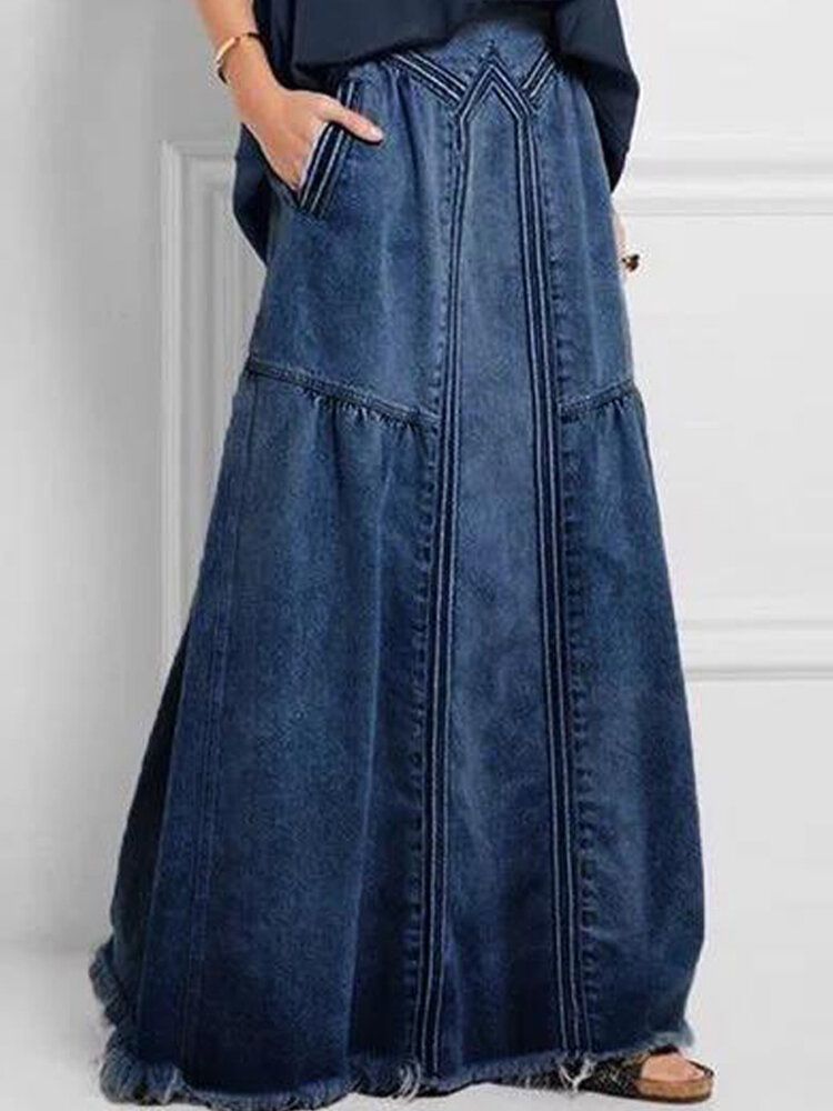 Jupe En Jean Lâche Taille Élastique Couleur Unie Pour Femmes Avec Poche